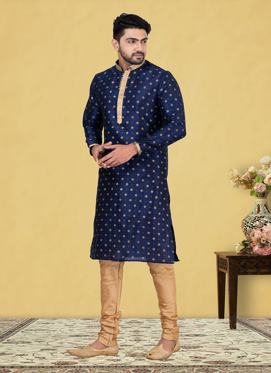 Kurta Pyjama Dupion Silk Blue Fancy Work Mens