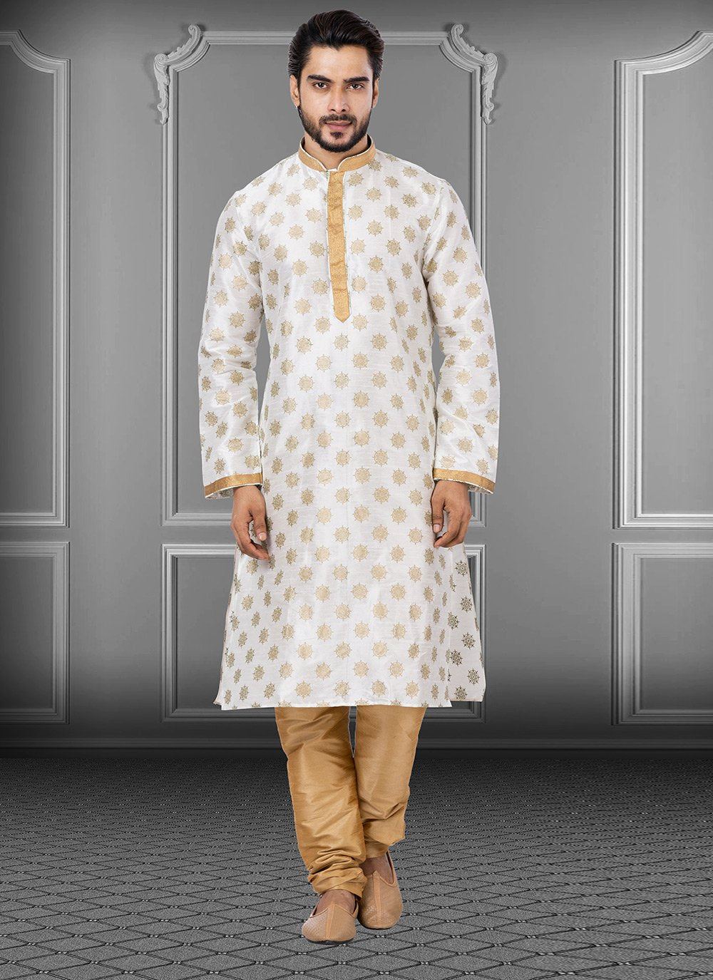 Kurta Pyjama Dupion Silk Off White Print Mens