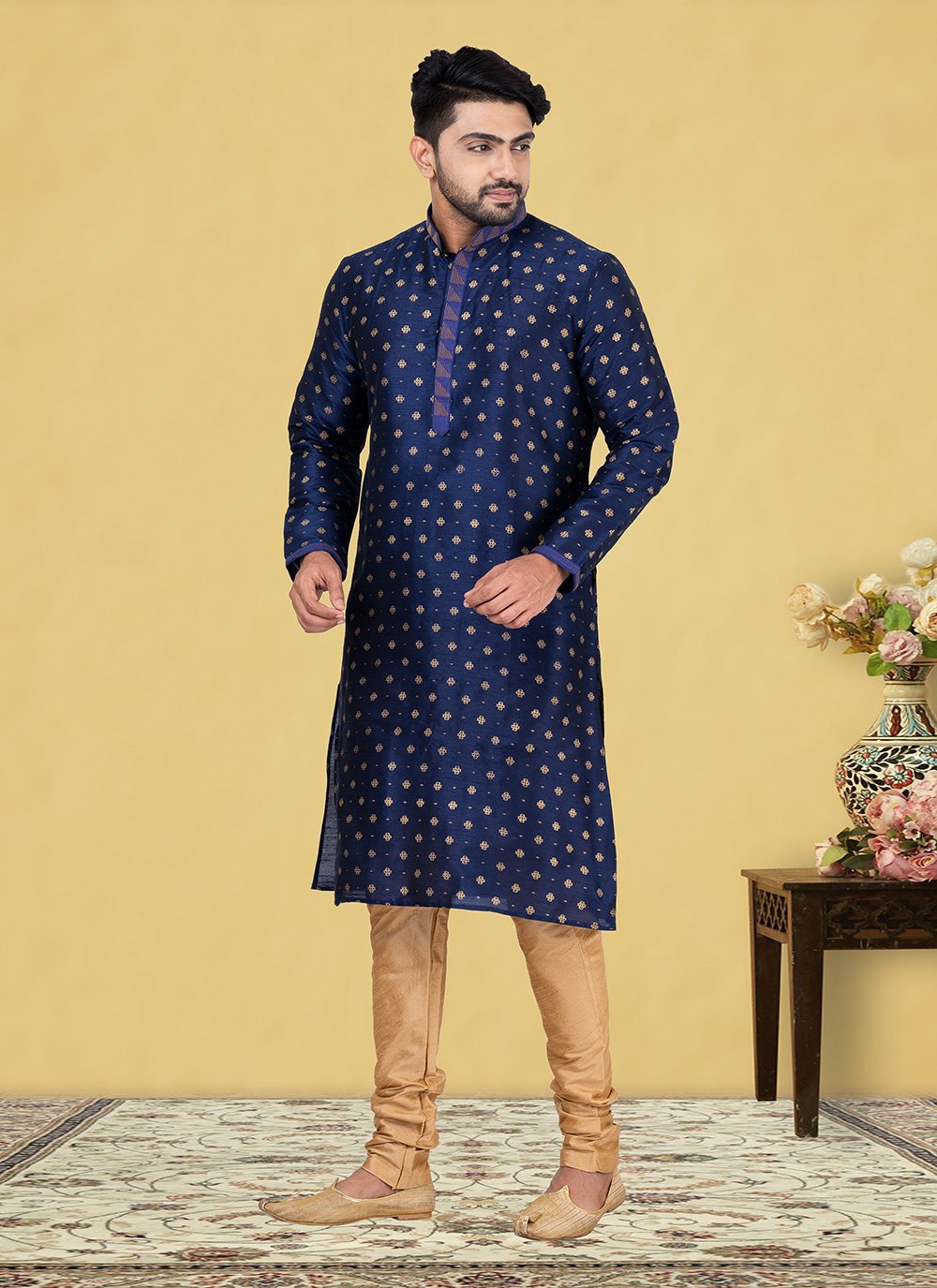 Kurta Pyjama Dupion Silk Blue Fancy Work Mens