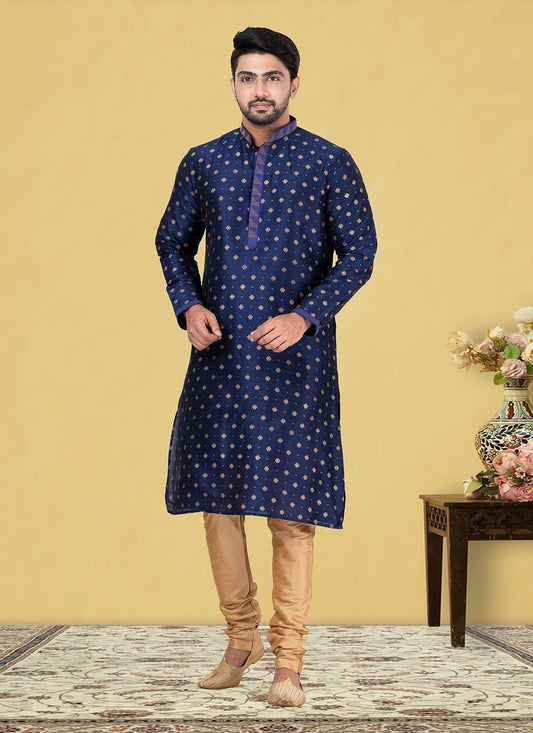 Kurta Pyjama Dupion Silk Blue Fancy Work Mens