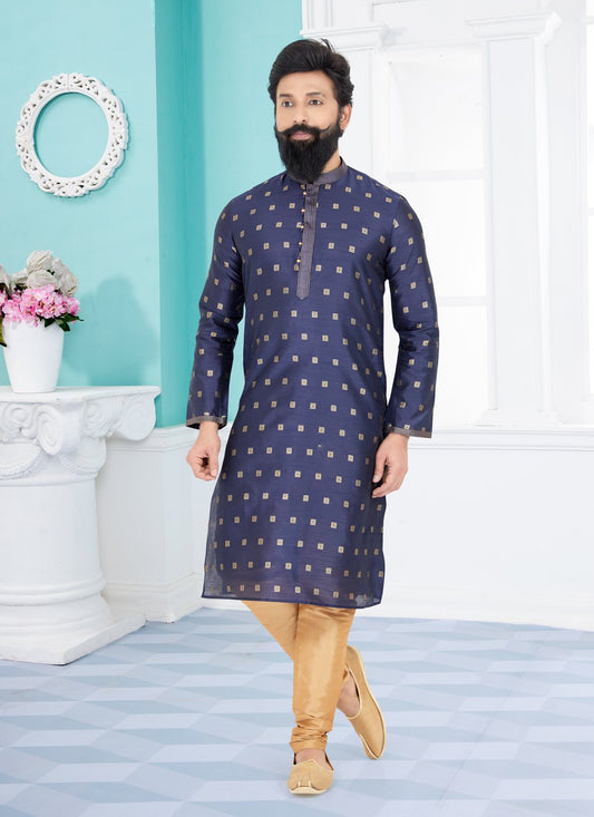 Kurta Pyjama Dupion Silk Jacquard Blue Jacquard Work Mens