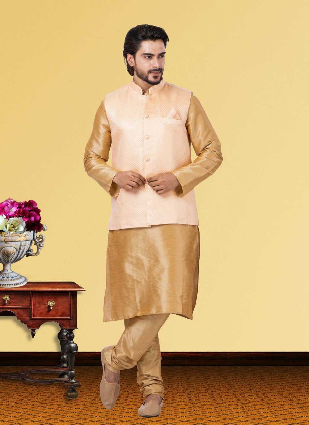 Kurta Payjama With Jacket Dupion Silk Beige Peach Plain Mens