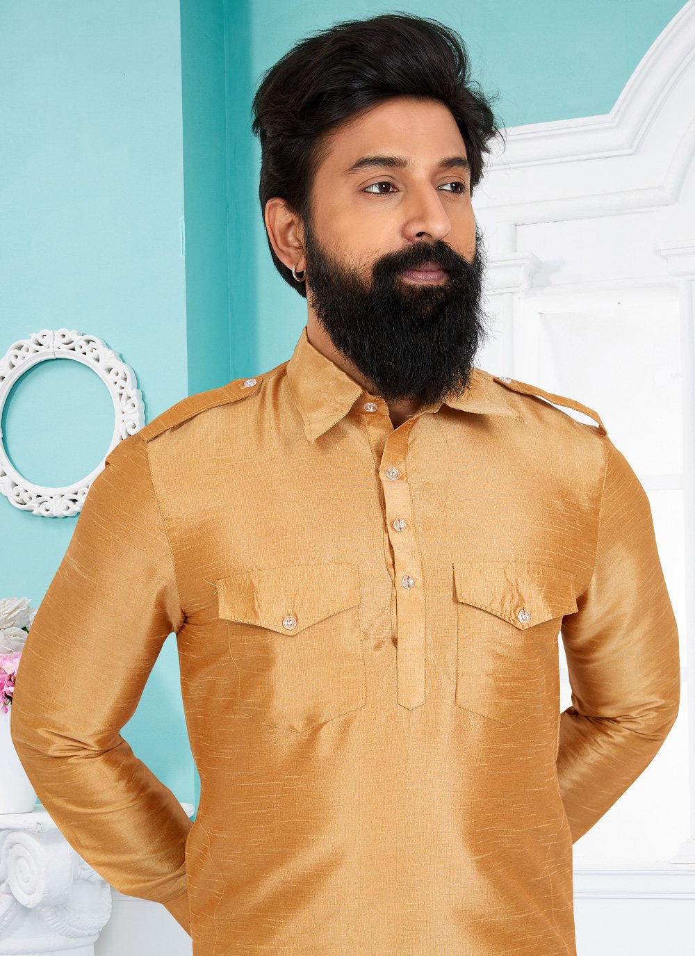 Kurta Pyjama Dupion Silk Beige Plain Mens