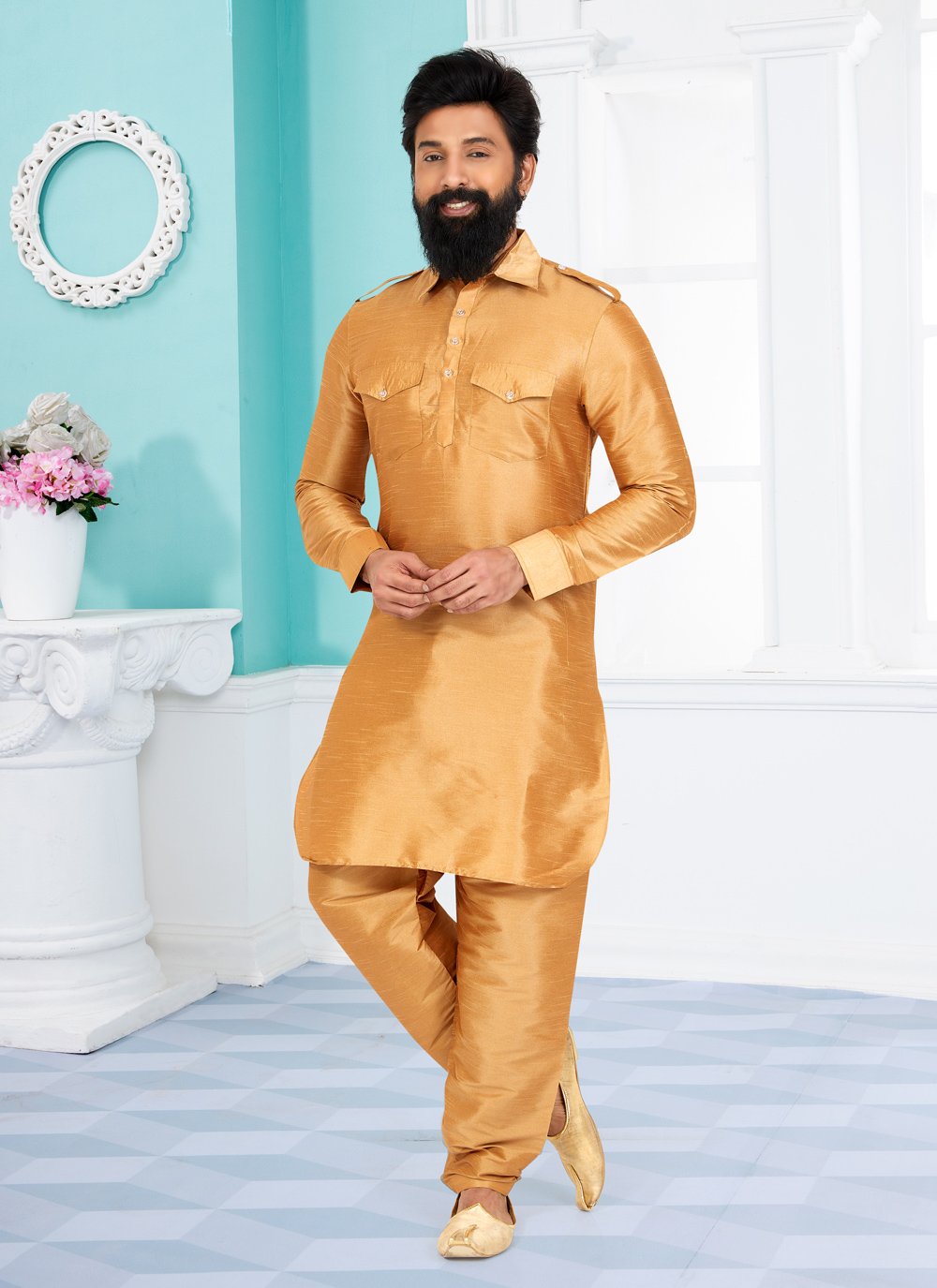 Kurta Pyjama Dupion Silk Beige Plain Mens