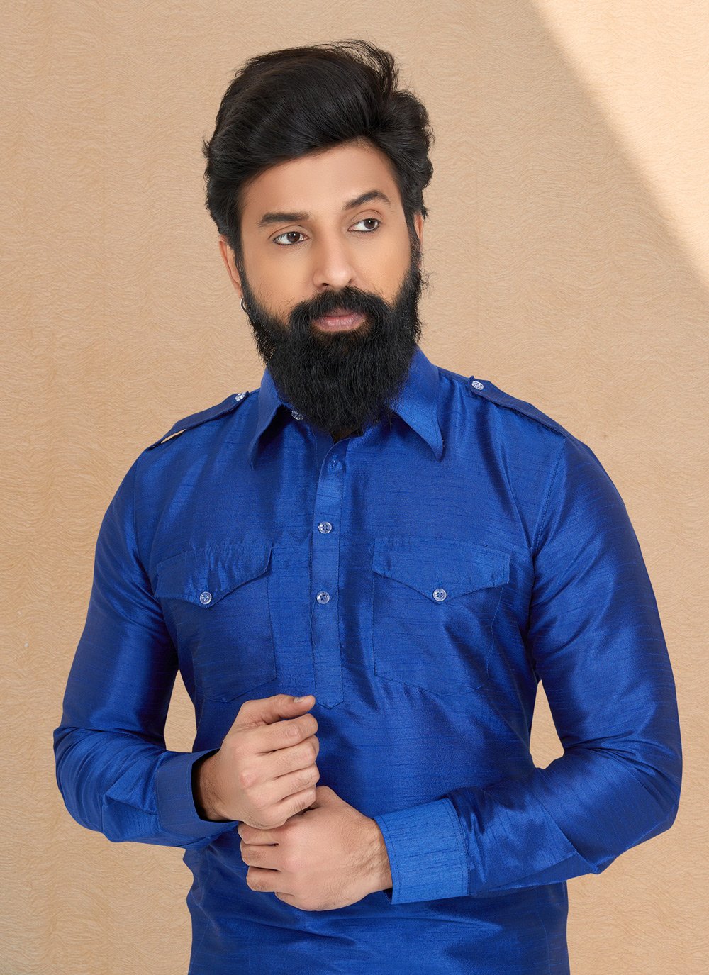 Kurta Pyjama Dupion Silk Blue Plain Mens