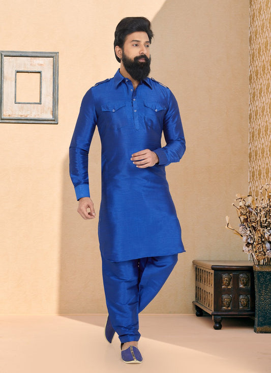 Kurta Pyjama Dupion Silk Blue Plain Mens