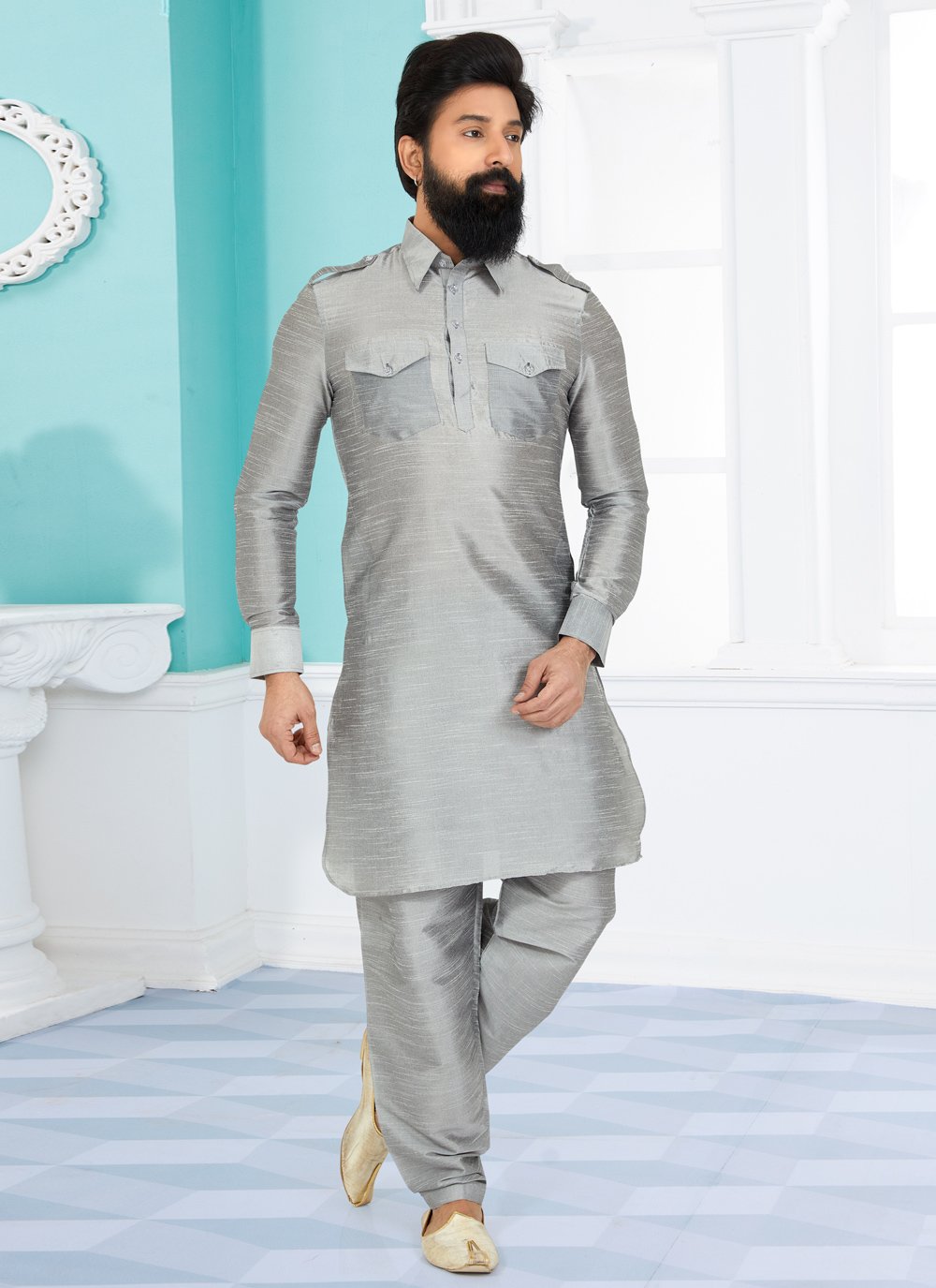 Kurta Pyjama Dupion Silk Grey Plain Mens