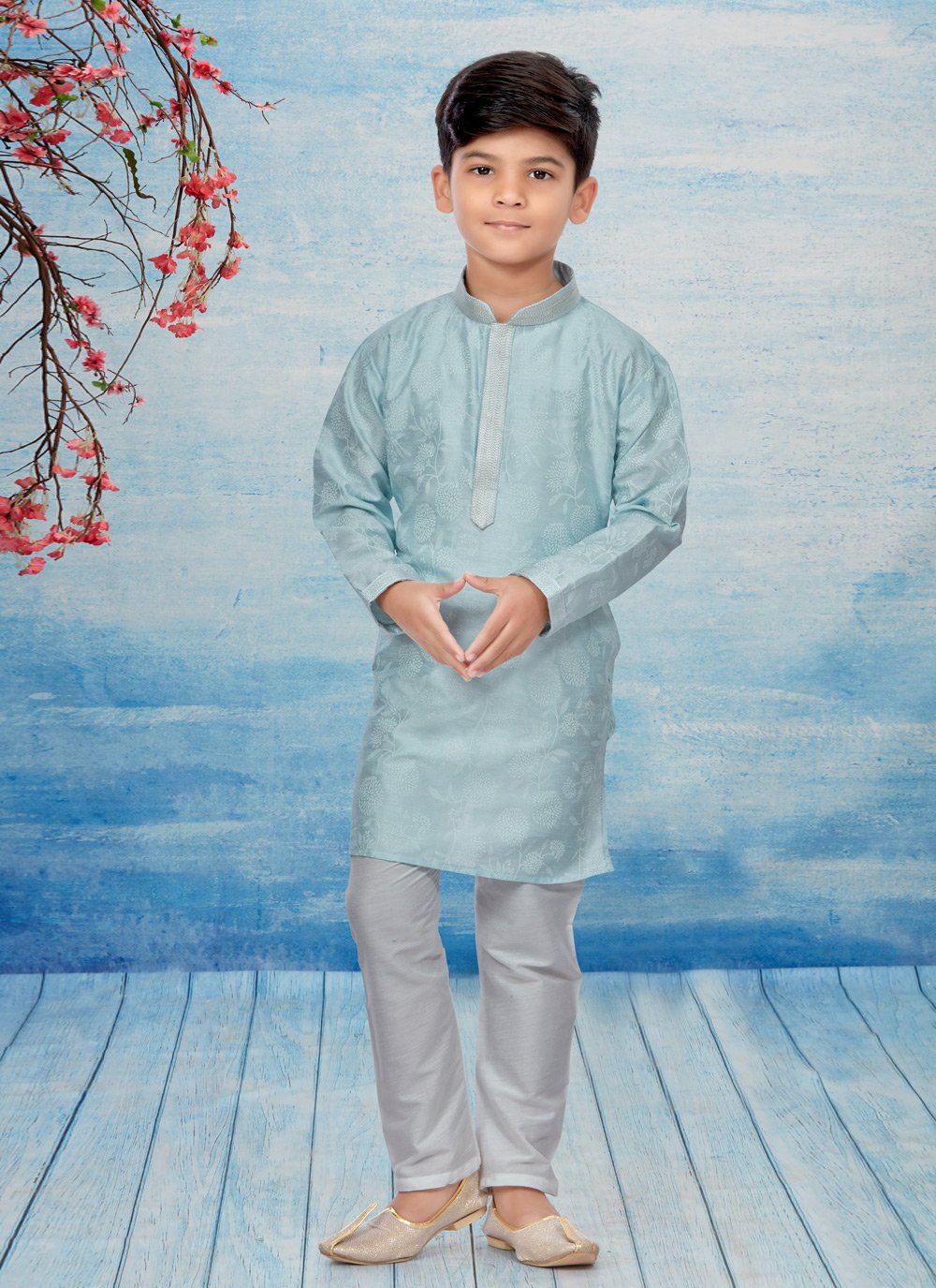 Kurta Pyjama Dupion Silk Aqua Blue Print Kids