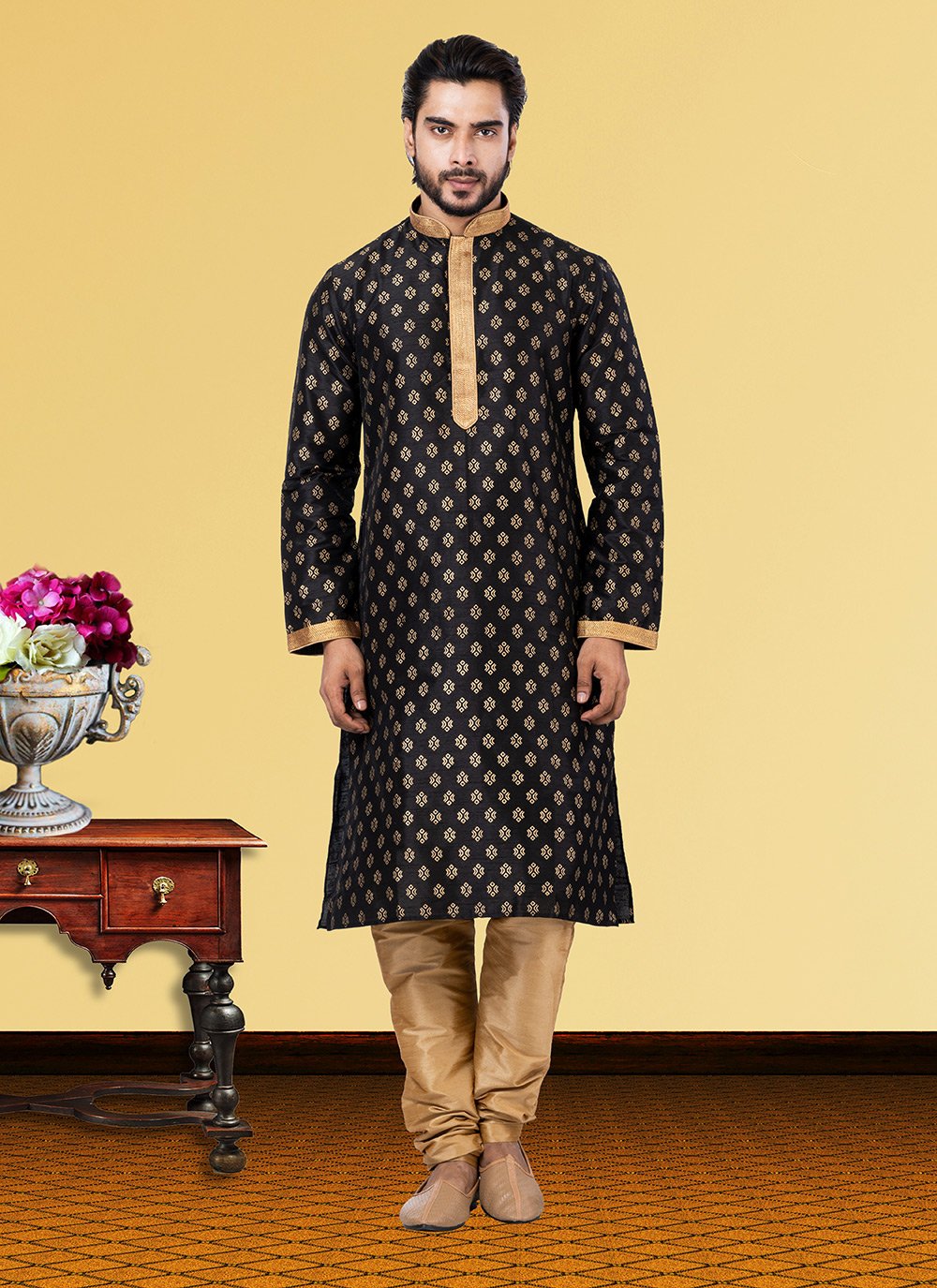 Kurta Pyjama Dupion Silk Black Print Mens