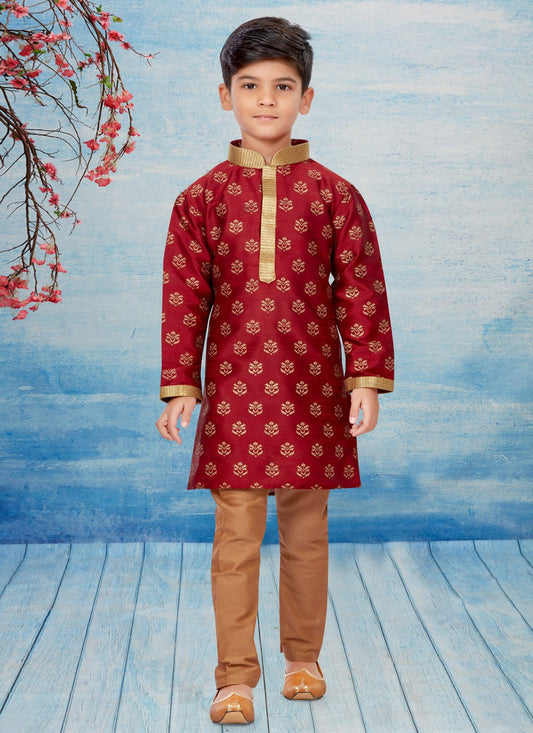 Kurta Pyjama Dupion Silk Maroon Print Kids