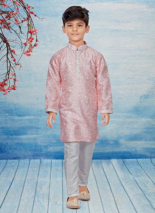 Kurta Pyjama Dupion Silk Pink Print Kids