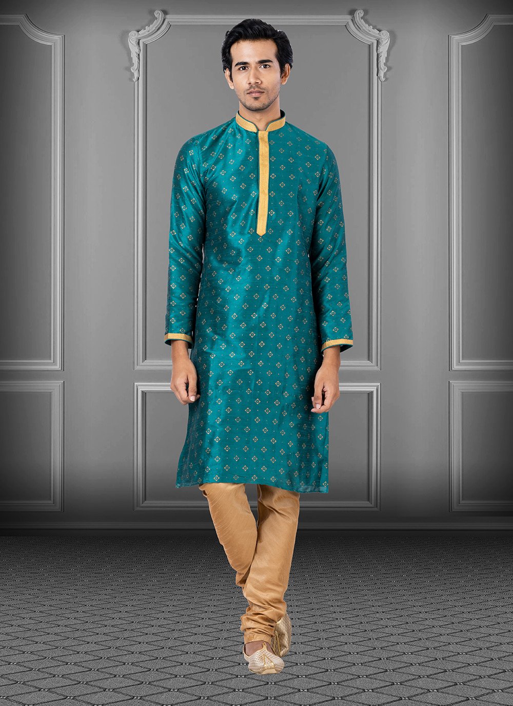 Kurta Pyjama Dupion Silk Teal Print Mens