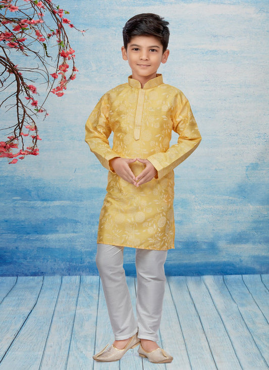 Kurta Pyjama Dupion Silk Yellow Print Kids