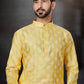 Kurta Pyjama Dupion Silk Yellow Print Mens