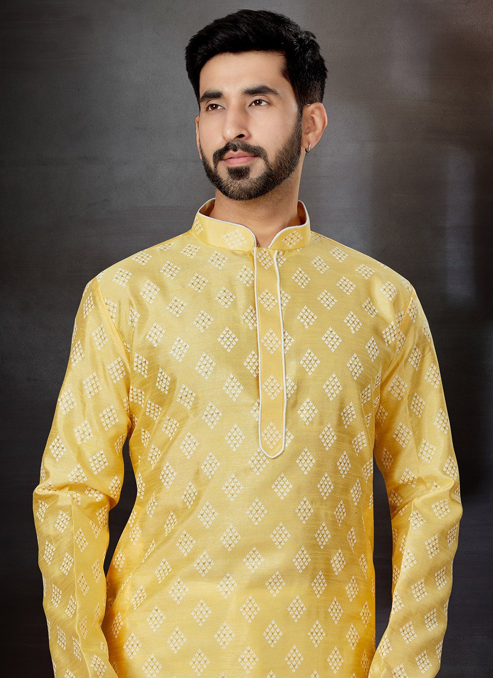 Kurta Pyjama Dupion Silk Yellow Print Mens