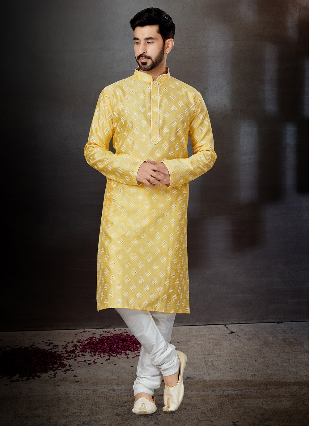 Kurta Pyjama Dupion Silk Yellow Print Mens