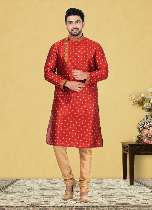 Kurta Pyjama Dupion Silk Red Fancy Work Mens