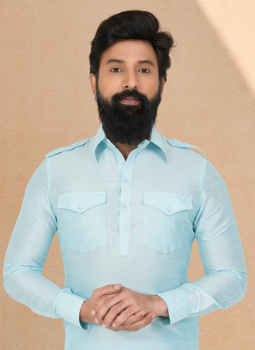 Kurta Pyjama Dupion Silk Turquoise Plain Mens