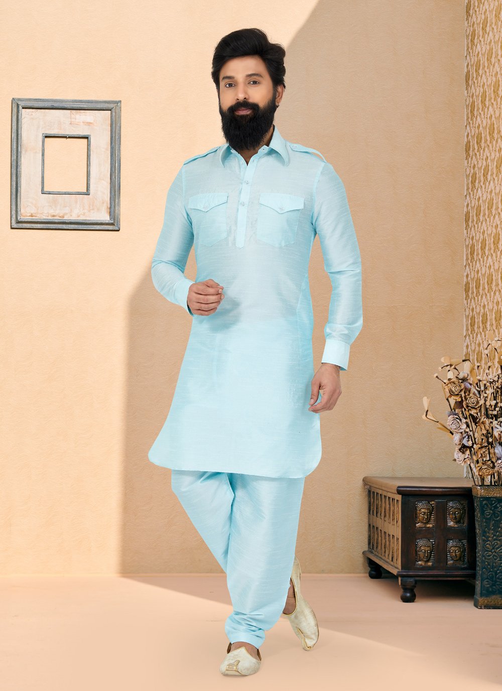 Kurta Pyjama Dupion Silk Turquoise Plain Mens