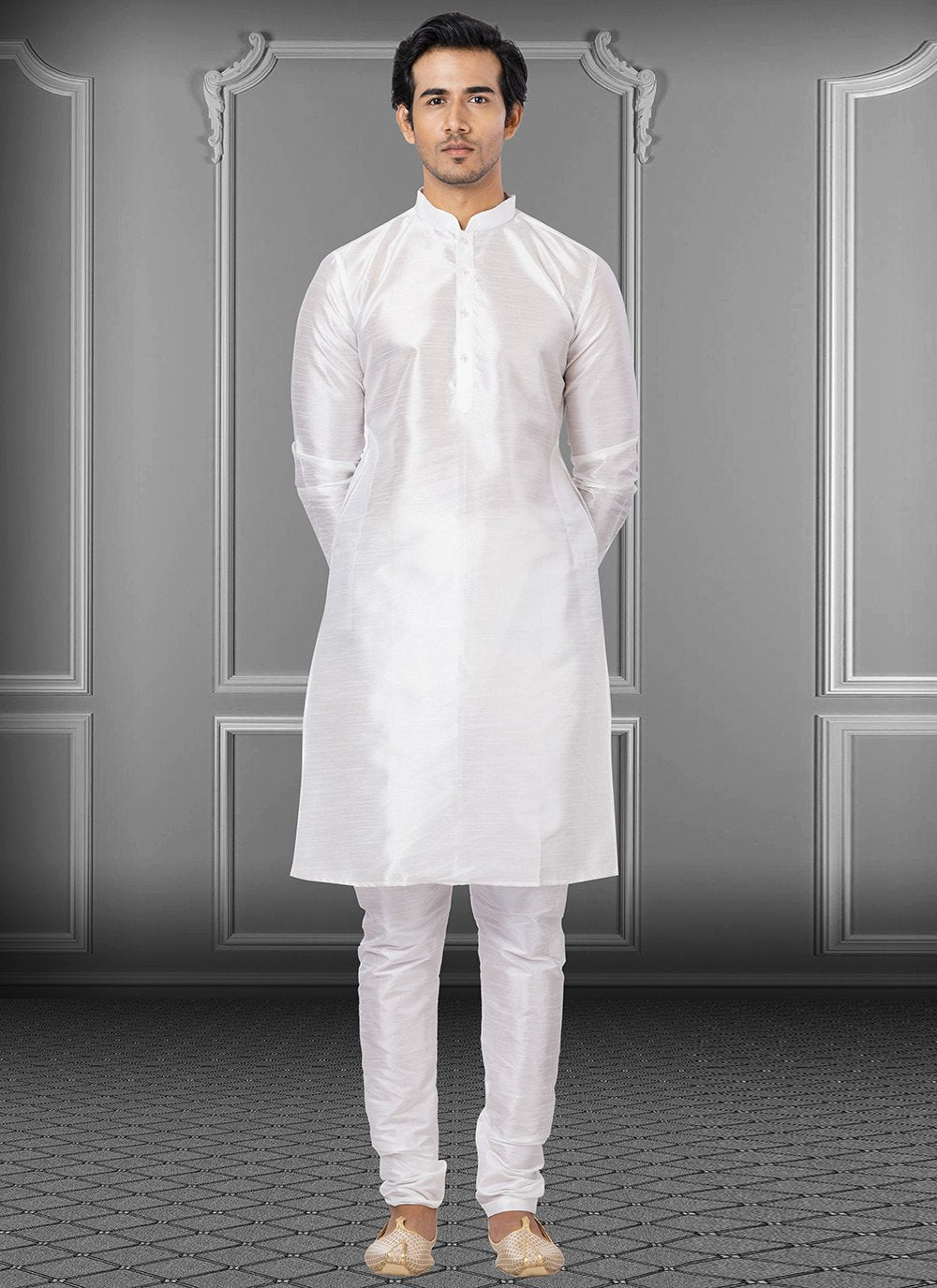 Kurta Pyjama Dupion Silk White Plain Mens