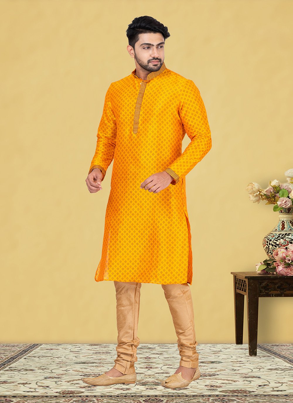 Kurta Pyjama Dupion Silk Yellow Fancy Work Mens