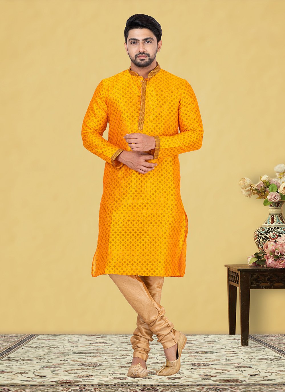 Kurta Pyjama Dupion Silk Yellow Fancy Work Mens