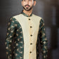 Indo Western Sherwani Banarasi Jacquard Dupion Silk Cream Green Embroidered Mens