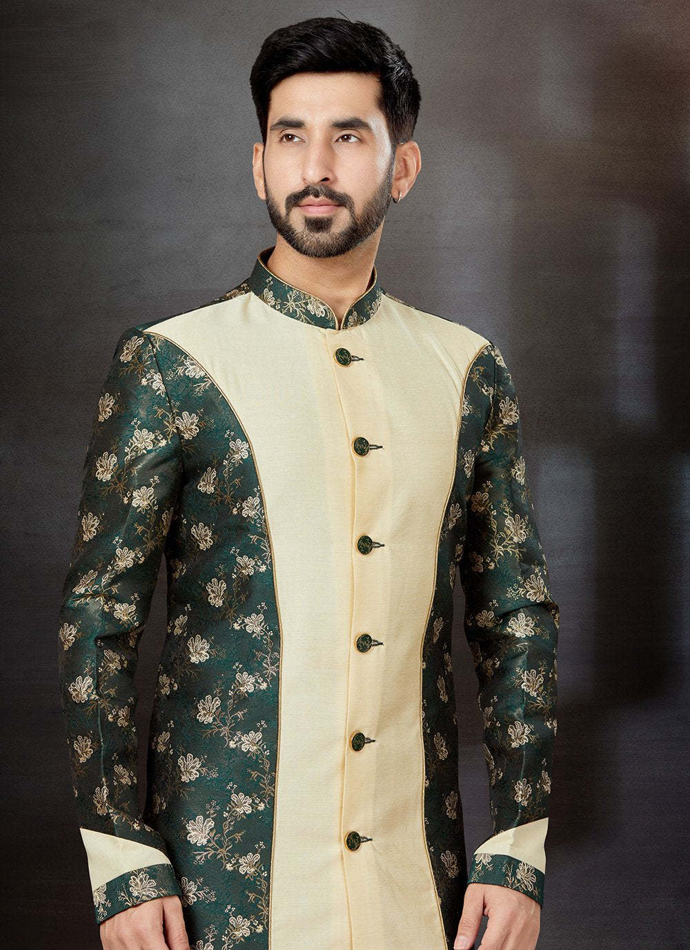 Indo Western Sherwani Banarasi Jacquard Dupion Silk Cream Green Embroidered Mens