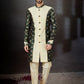 Indo Western Sherwani Banarasi Jacquard Dupion Silk Cream Green Embroidered Mens