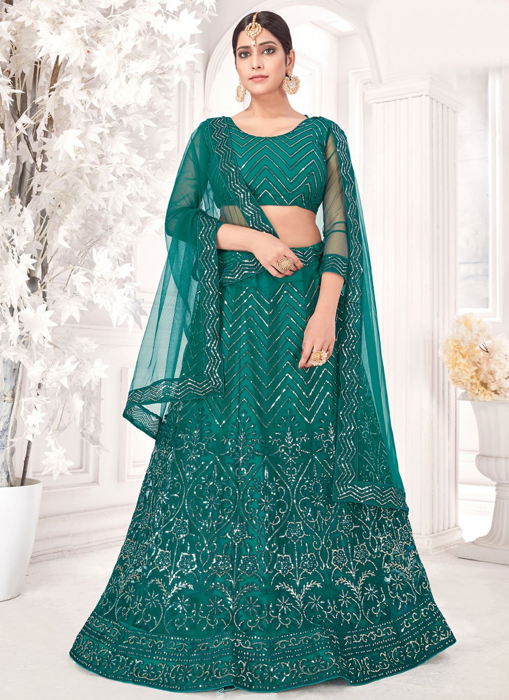 A Line Lehenga Net Green Embroidered Lehenga Choli