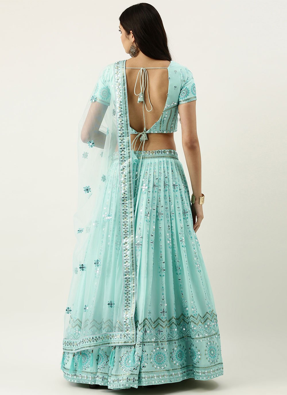 A Line Lehenga Poly Silk Turquoise Embroidered Lehenga Choli