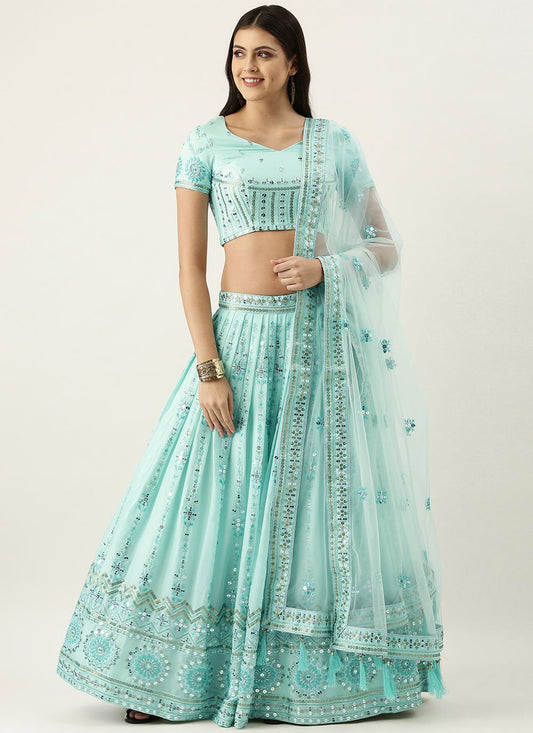 A Line Lehenga Poly Silk Turquoise Embroidered Lehenga Choli