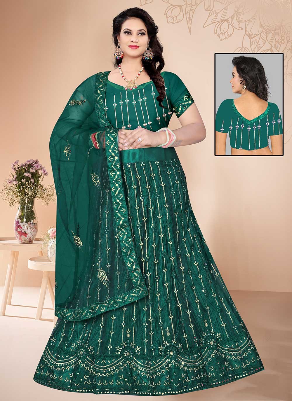 A Line Lehenga Net Green Embroidered Lehenga Choli