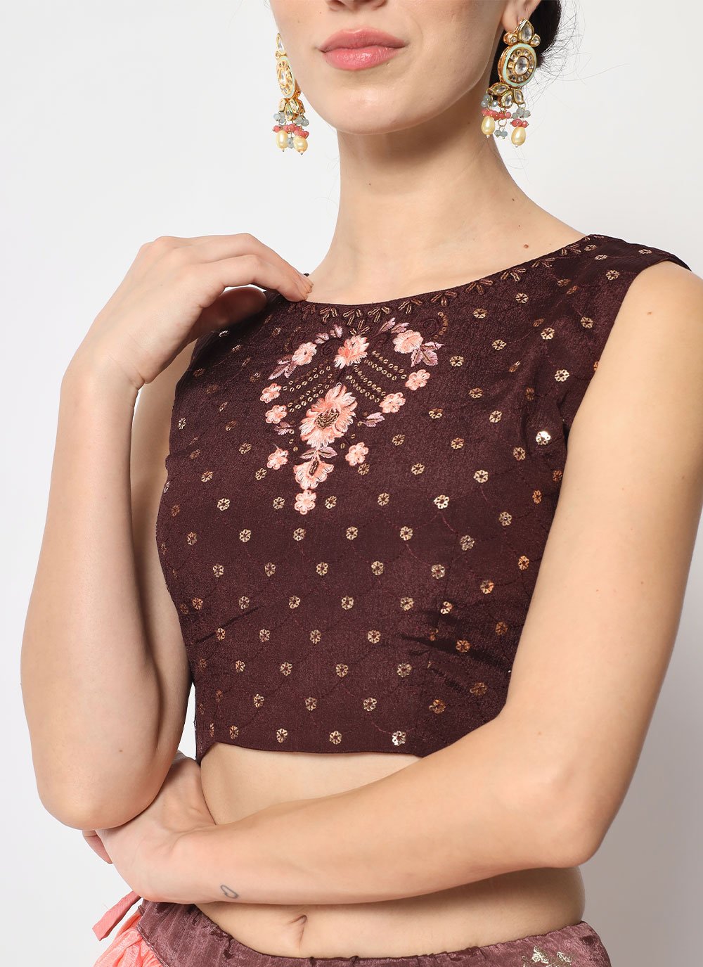 A Line Lehenga Chinon Silk Brown Embroidered Lehenga Choli