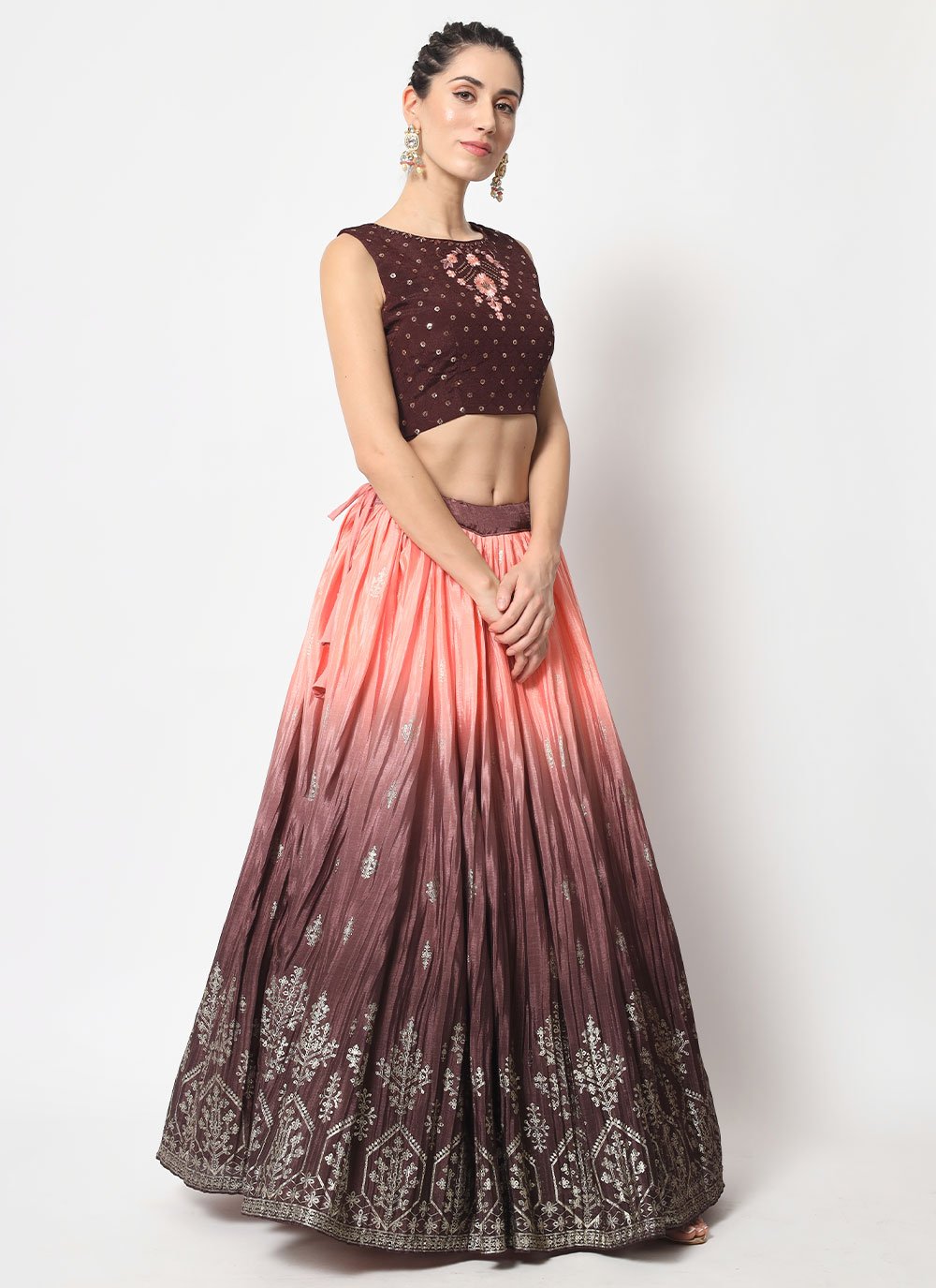 A Line Lehenga Chinon Silk Brown Embroidered Lehenga Choli