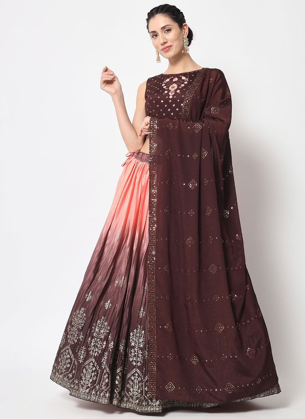 A Line Lehenga Chinon Silk Brown Embroidered Lehenga Choli