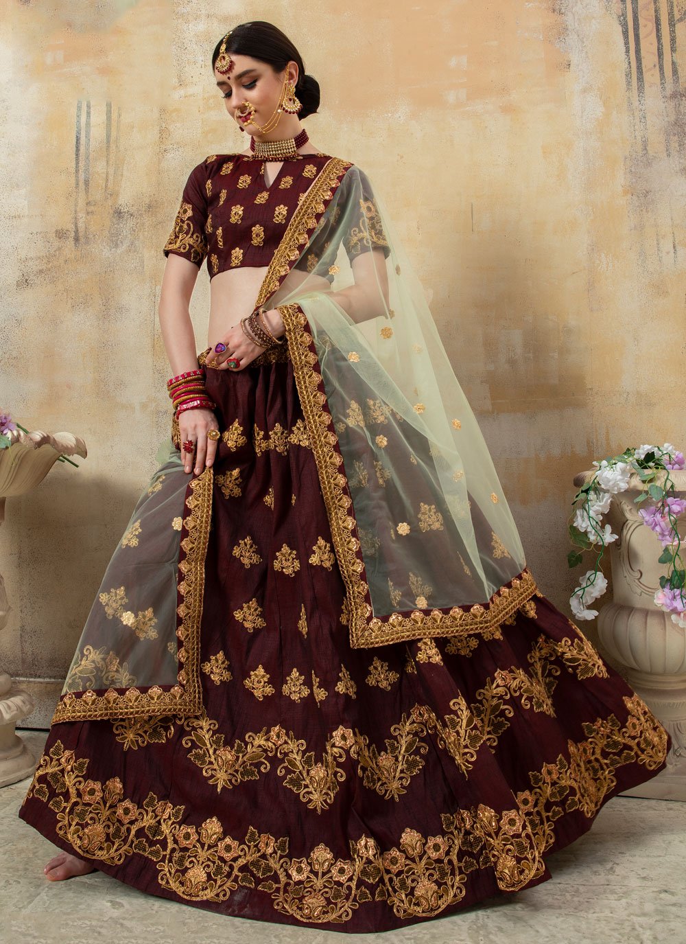 A Line Lehenga Silk Maroon Dori Work Lehenga Choli