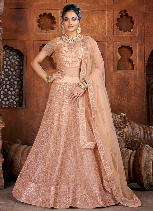 A Line Lehenga Art Silk Net Peach Embroidered Lehenga Choli