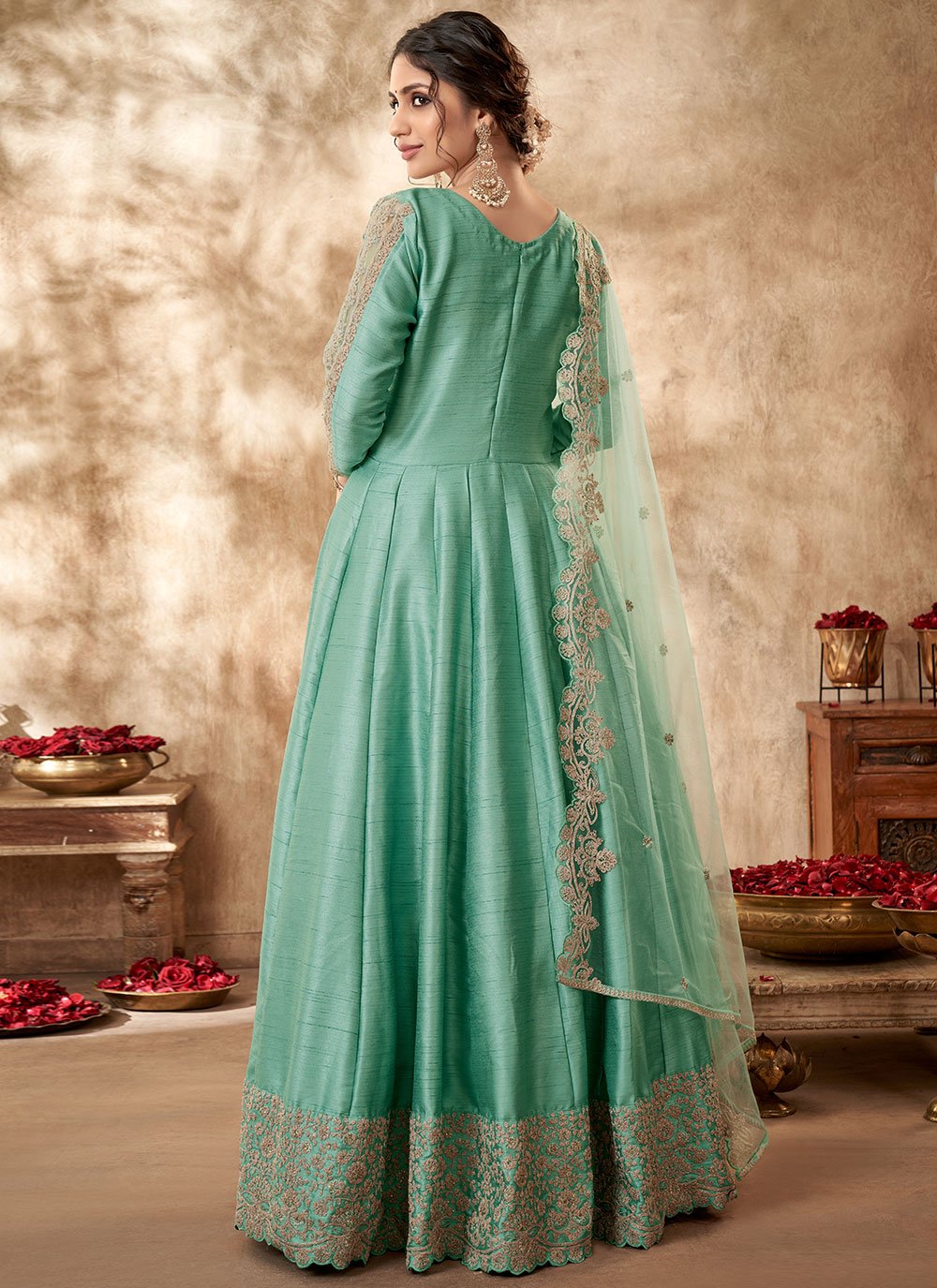 Anarkali Suit Art Silk Sea Green Embroidered Salwar Kameez