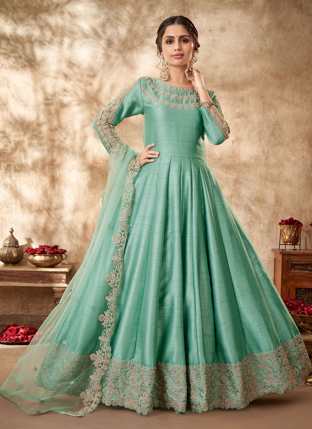 Anarkali Suit Art Silk Sea Green Embroidered Salwar Kameez