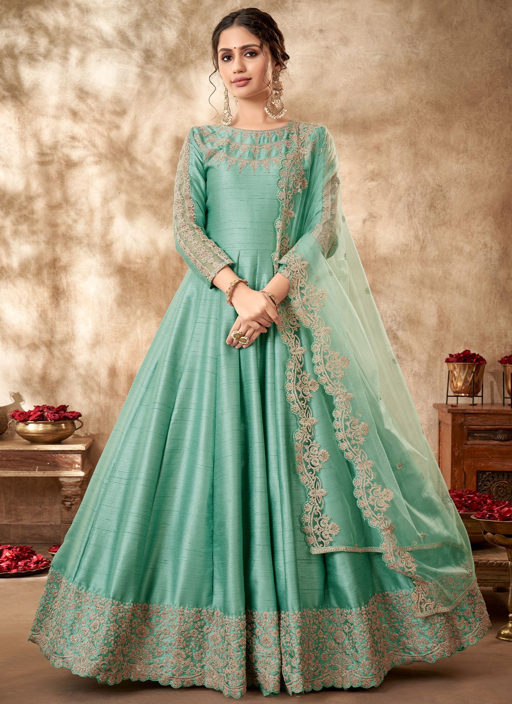 Anarkali Suit Art Silk Sea Green Embroidered Salwar Kameez