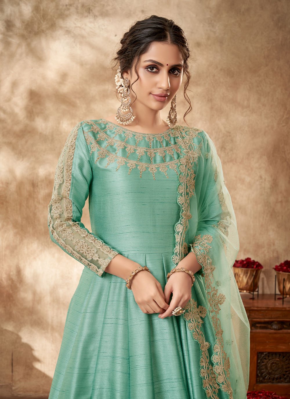 Anarkali Suit Art Silk Sea Green Embroidered Salwar Kameez