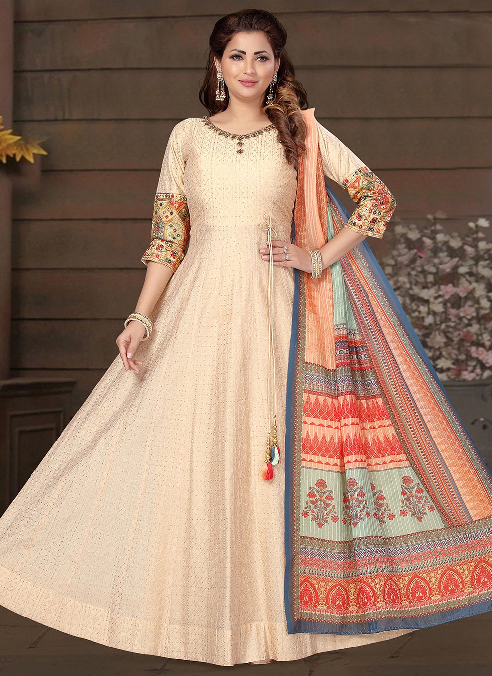 Anarkali Suit Silk Cream Embroidered Salwar Kameez