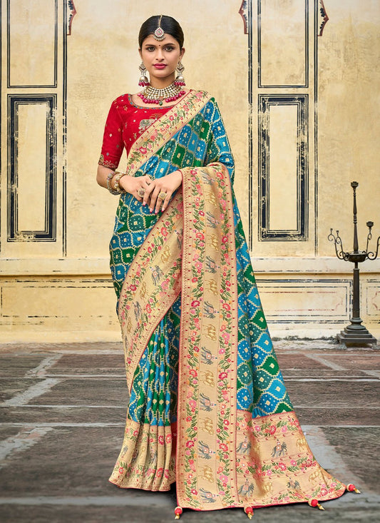 Contemporary Silk Aqua Blue Green Embroidered Saree