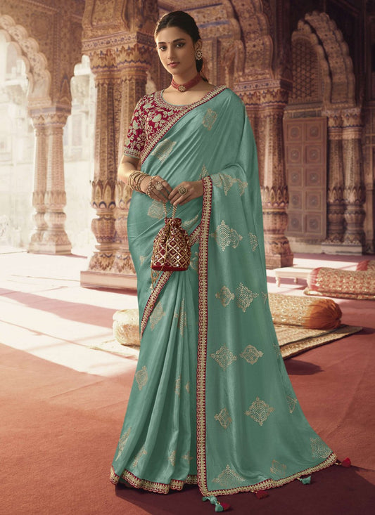 Classic Viscose Aqua Blue Embroidered Saree