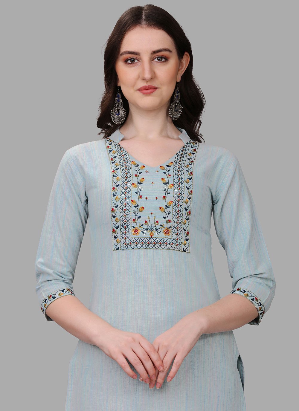 Casual Kurti Cotton Aqua Blue Embroidered Kurtis