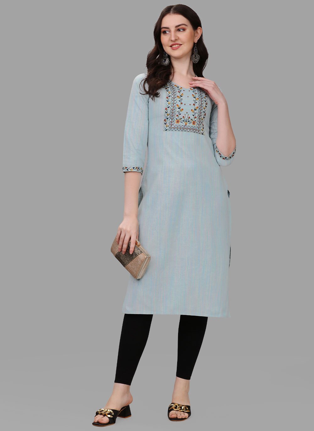 Casual Kurti Cotton Aqua Blue Embroidered Kurtis