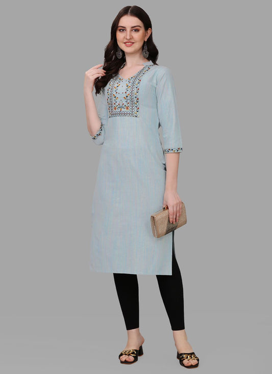 Casual Kurti Cotton Aqua Blue Embroidered Kurtis