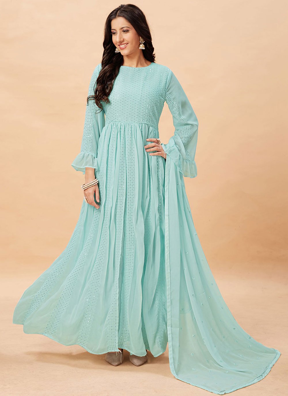 Anarkali Suit Faux Georgette Aqua Blue Embroidered Salwar Kameez