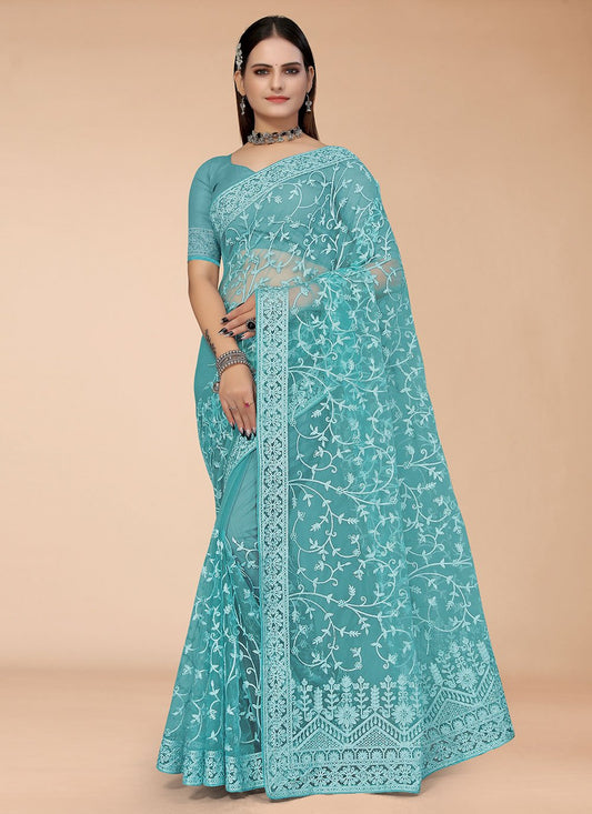 Classic Net Aqua Blue Embroidered Saree